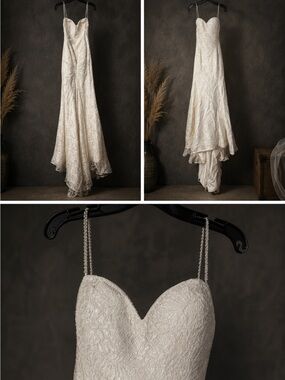 Mikaella Bridal Ivory Lace Sweetheart Gown with Pearl Straps